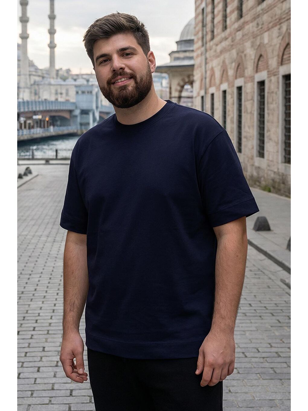 Lacivert Basic Kısa Kol O Yaka  Erkek Büyük Beden Tişört - 88072