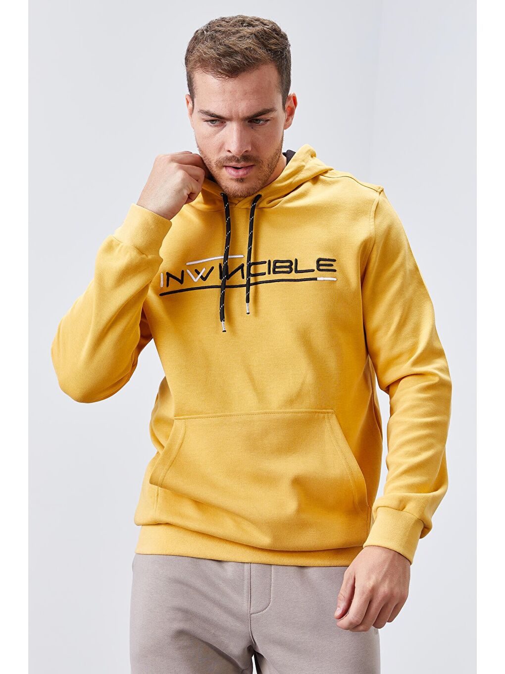 Sarı Hardal Kanguru Cep Standart Kalıp Kapüşonlu  Erkek Hoodie - 87883-4