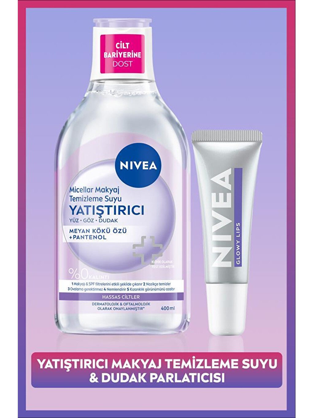 Yatıştırıcı Micellar Makyaj Temizleme Suyu 400ml Ve Glowy Lips Nemlendirici Dudak Parlatıcısı