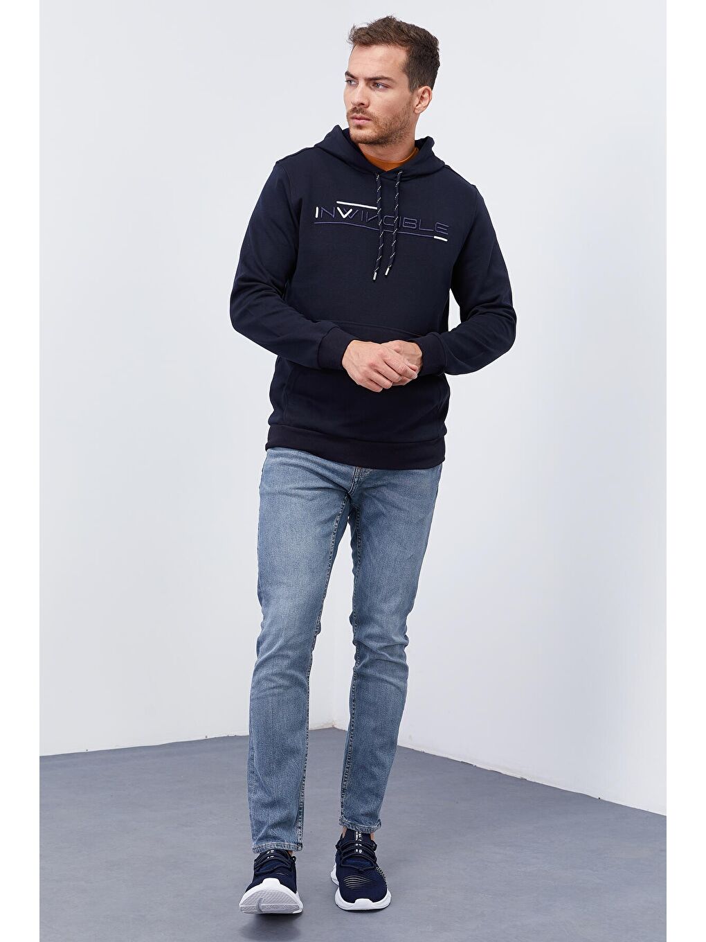 Lacivert Kanguru Cep Standart Kalıp Kapüşonlu  Erkek Hoodie - 87883-1