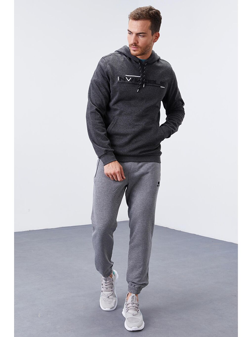 Antrasit Melanj Kanguru Cep Standart Kalıp Kapüşonlu  Erkek Hoodie - 87883-1