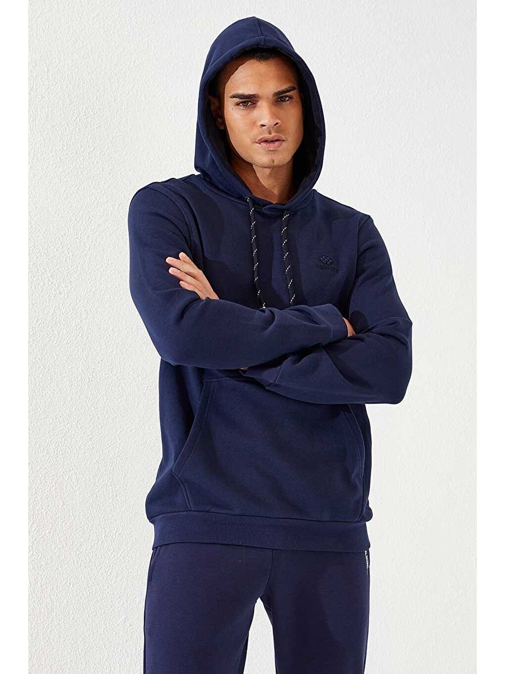 İndigo Kanguru Cep Standart Kalıp Kapüşonlu  Erkek Hoodie - 87872