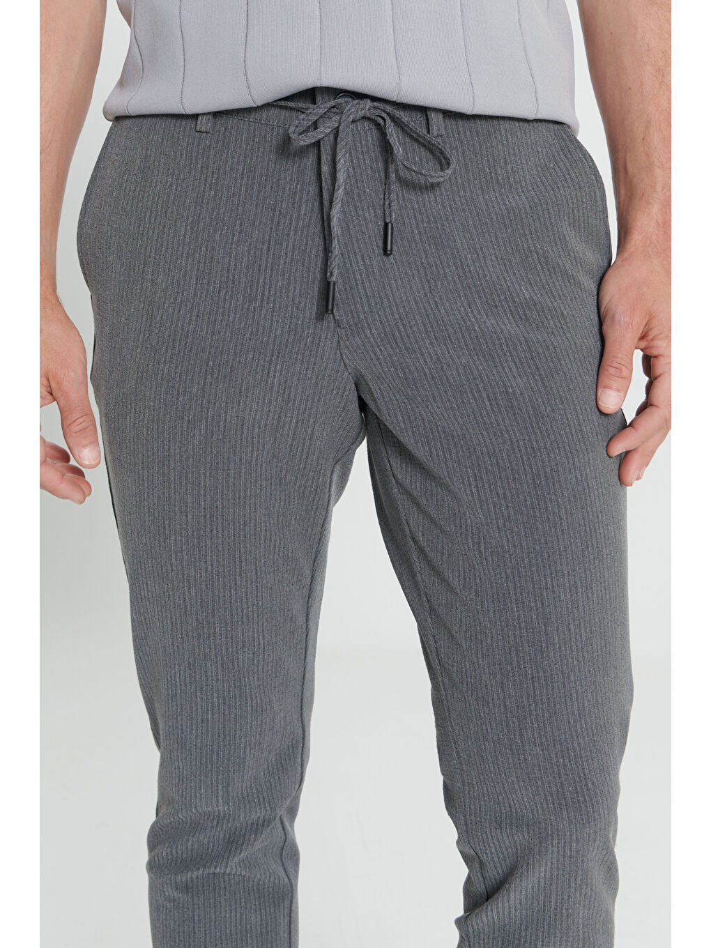 Erkek Antrasit Slim Fit Dar Kesim Yan Cepli Desenli Beli Lastikli Pantolon-6