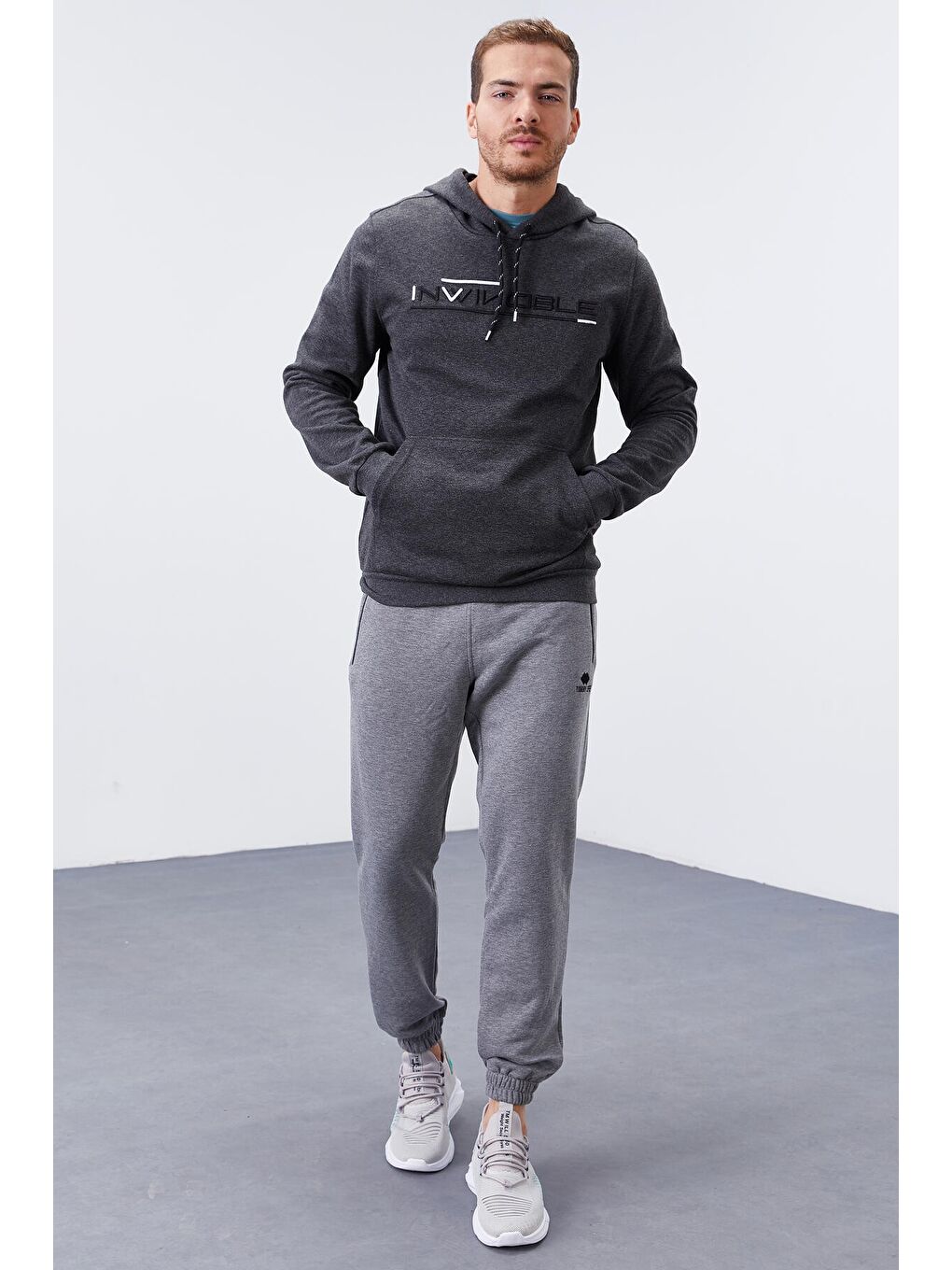 Antrasit Melanj Kanguru Cep Standart Kalıp Kapüşonlu  Erkek Hoodie - 87883-3