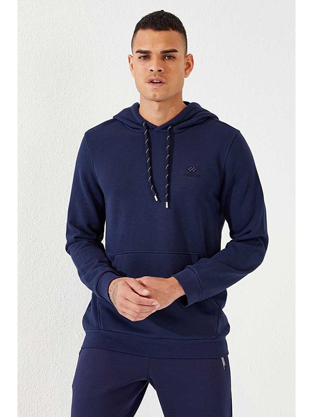 İndigo Kanguru Cep Standart Kalıp Kapüşonlu  Erkek Hoodie - 87872-2