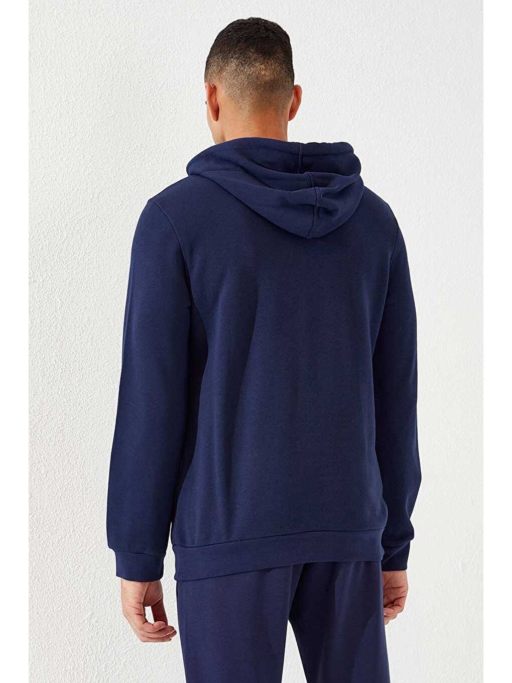 İndigo Kanguru Cep Standart Kalıp Kapüşonlu  Erkek Hoodie - 87872-3