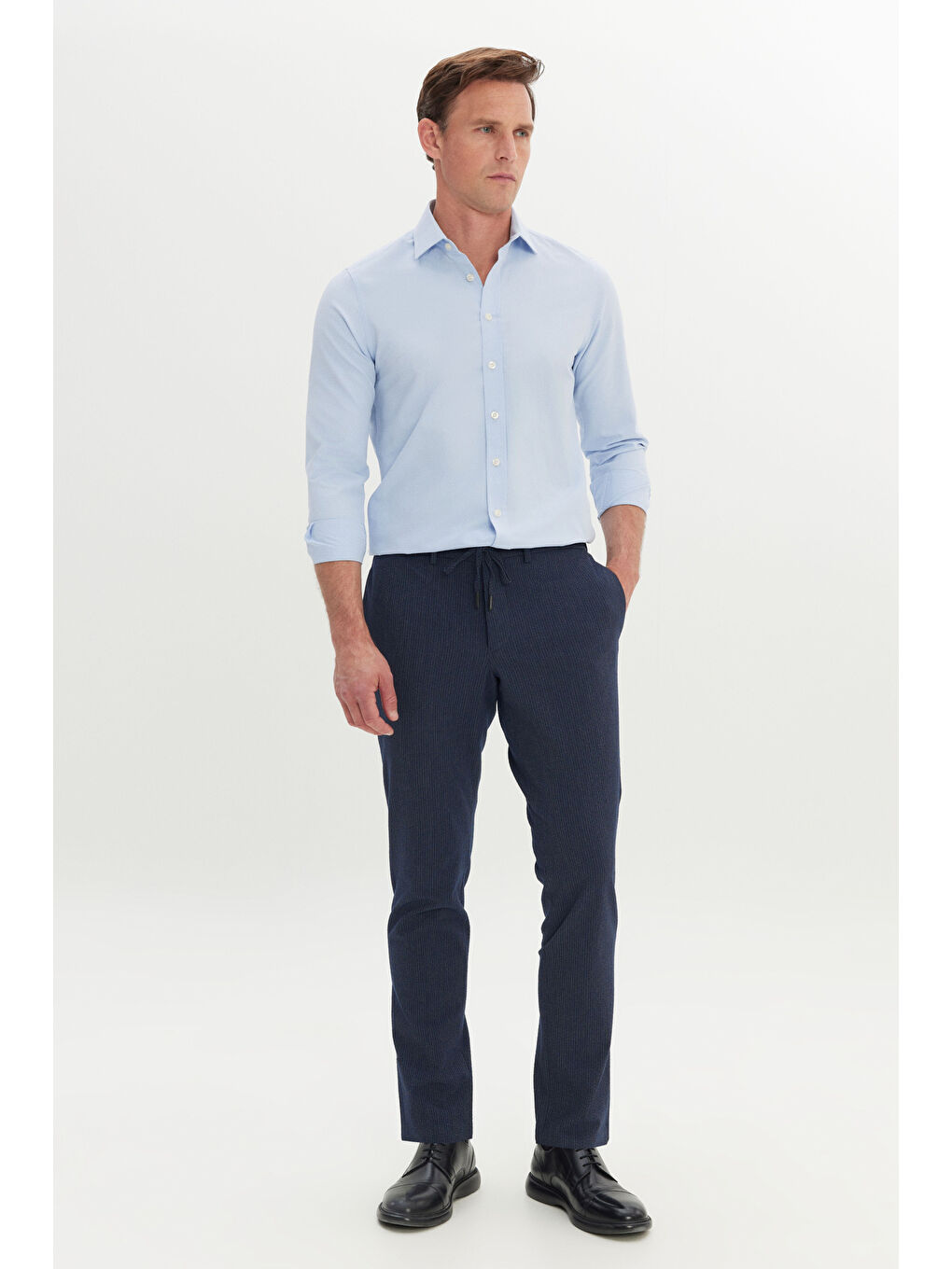 Erkek Lacivert Slim Fit Dar Kesim Gofre Desenli Esnek Beli Bağlamalı Pantolon-1