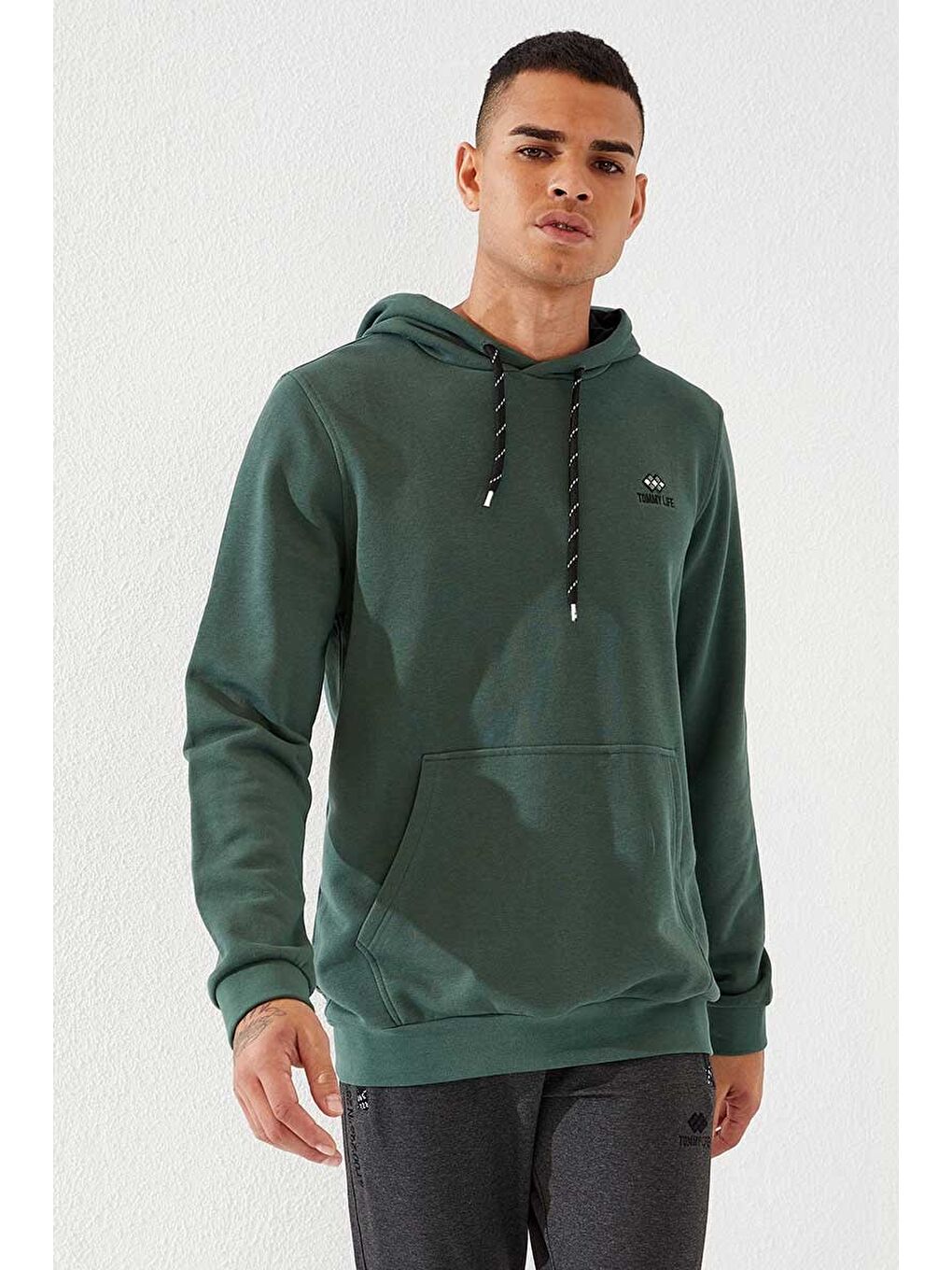 Yeşil Kanguru Cep Standart Kalıp Kapüşonlu  Erkek Hoodie - 87872