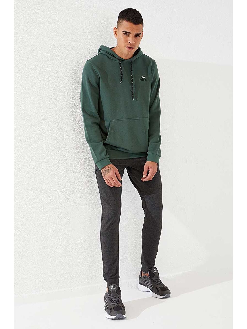 Yeşil Kanguru Cep Standart Kalıp Kapüşonlu  Erkek Hoodie - 87872-1