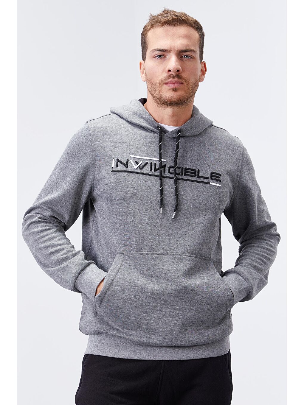 Gri Melanj Kanguru Cep Standart Kalıp Kapüşonlu  Erkek Hoodie - 87883-4