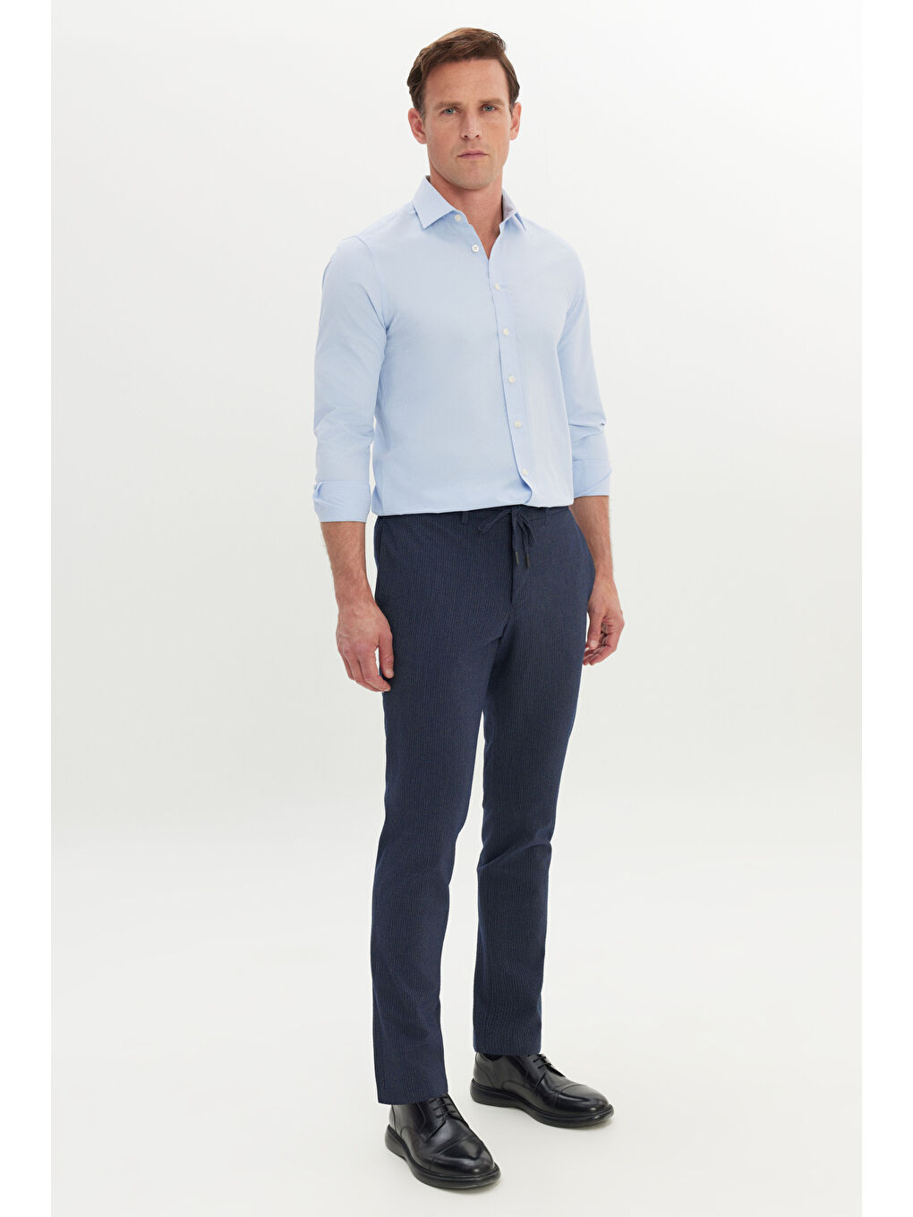 Erkek Lacivert Slim Fit Dar Kesim Gofre Desenli Esnek Beli Bağlamalı Pantolon-2