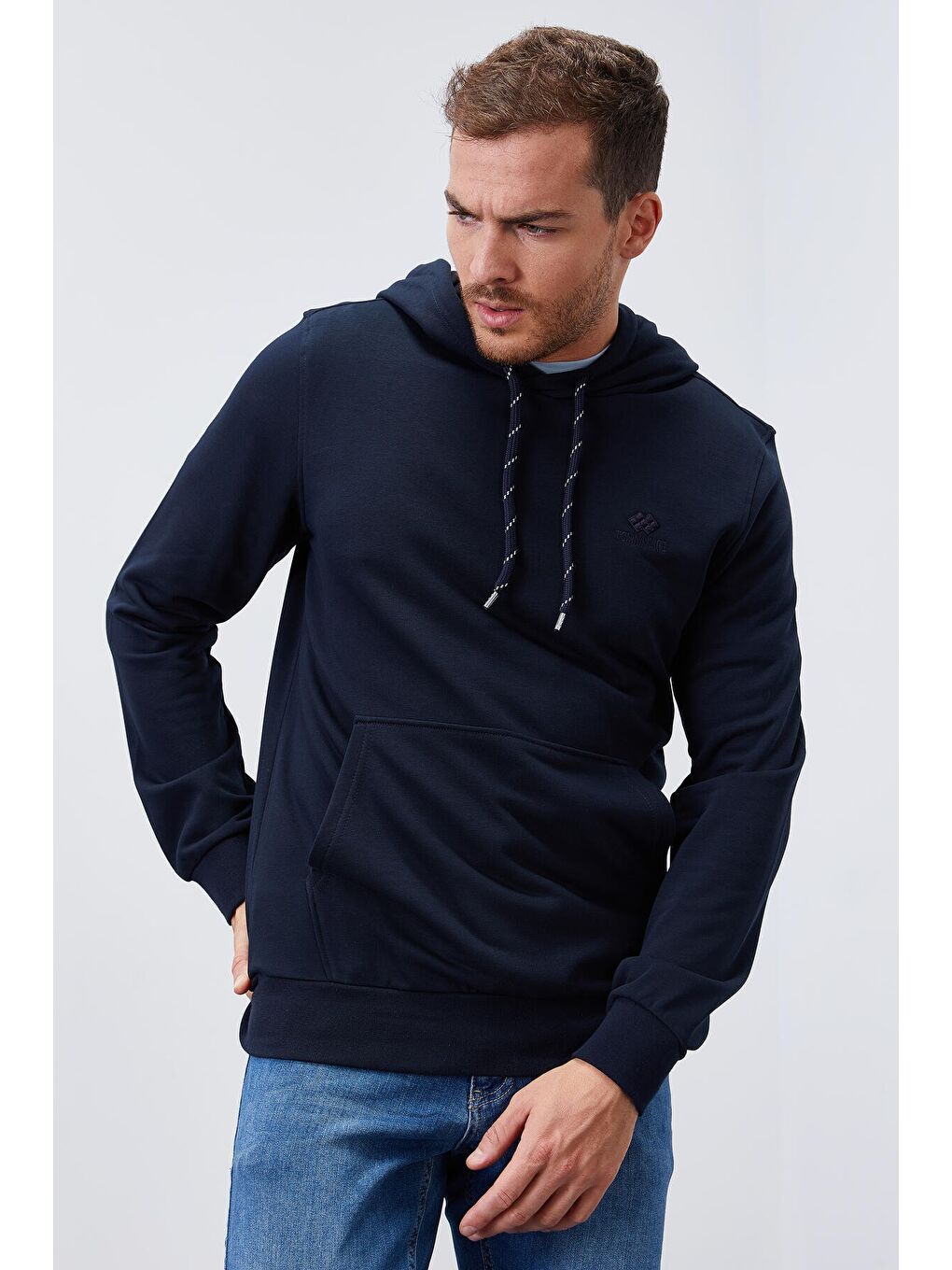 Lacivert Kanguru Cep Standart Kalıp Kapüşonlu  Erkek Hoodie - 87872-2