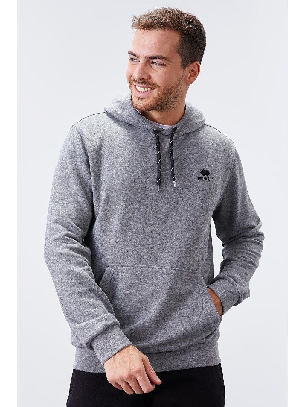 Gri Melanj Kanguru Cep Standart Kalıp Kapüşonlu  Erkek Hoodie - 87872-4