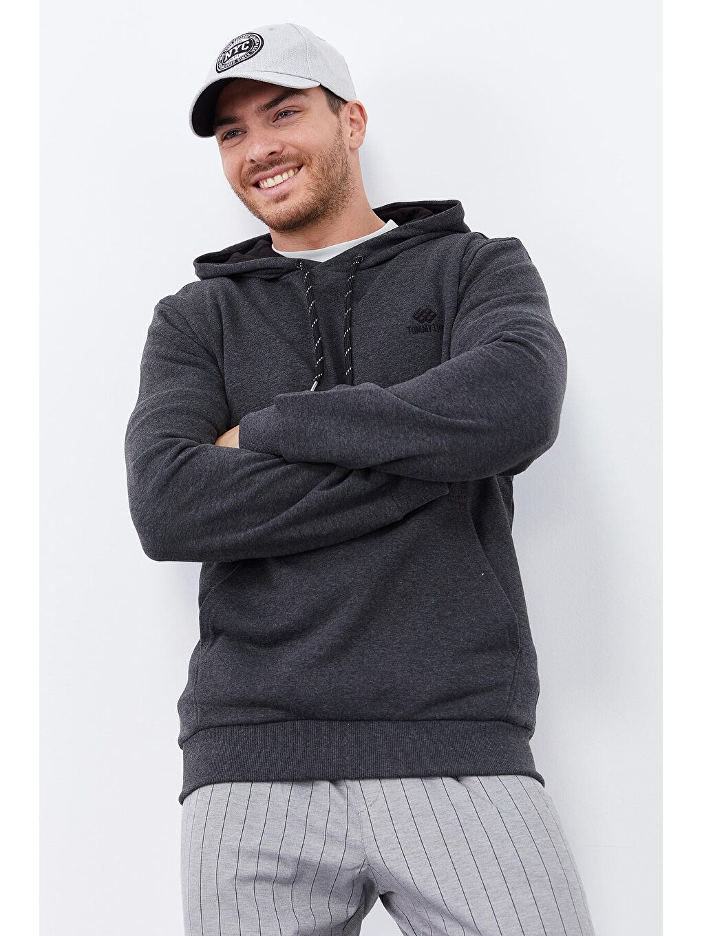 Antrasit Melanj Kanguru Cep Standart Kalıp Kapüşonlu  Erkek Hoodie - 87872-4