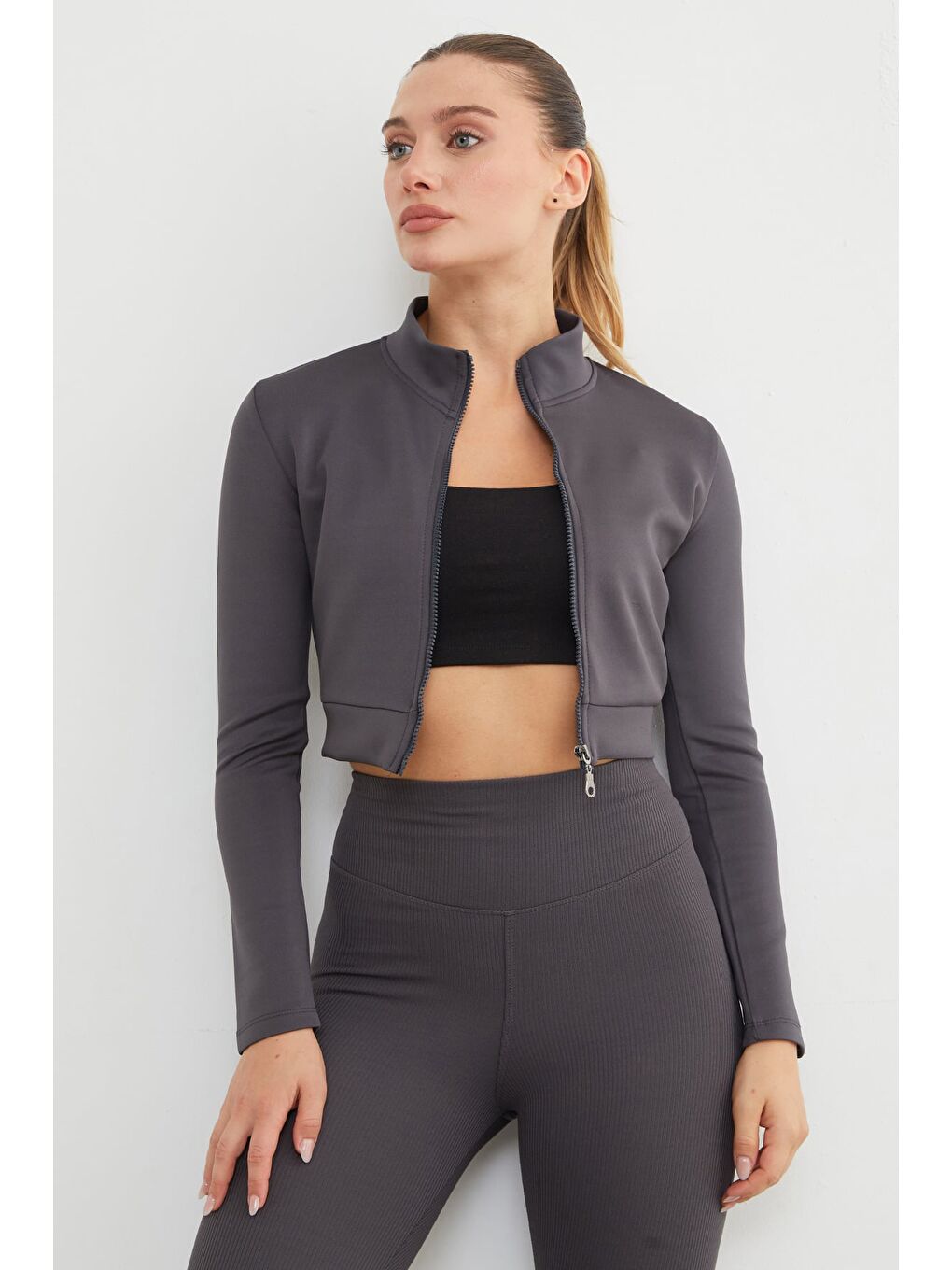 Antrasit Dik Yaka Fermuarlı Dalgıç Kumaş Spor Ceket-1