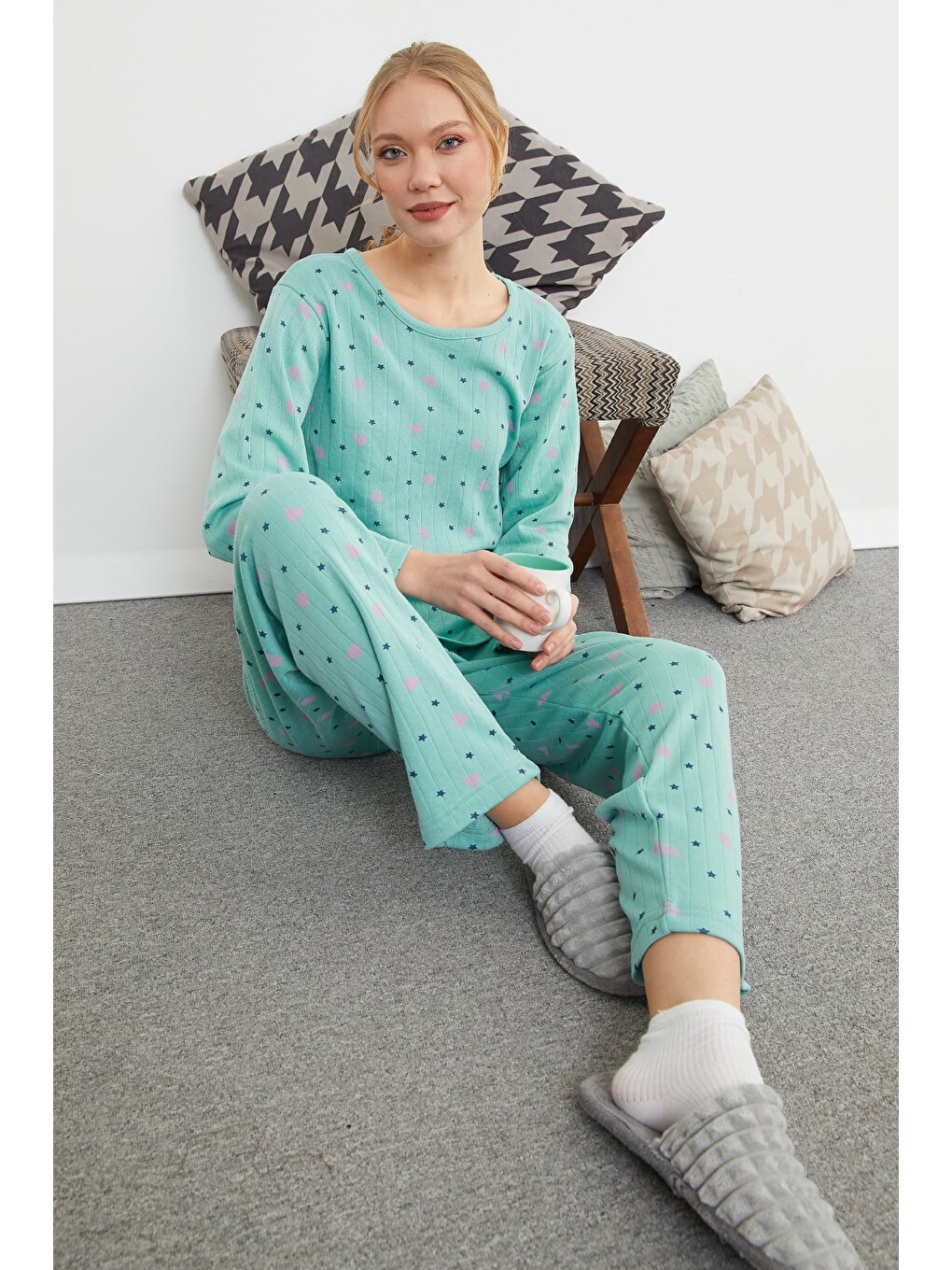 Yeşil Büyük Beden Yıldız Desenli Pijama Takımı