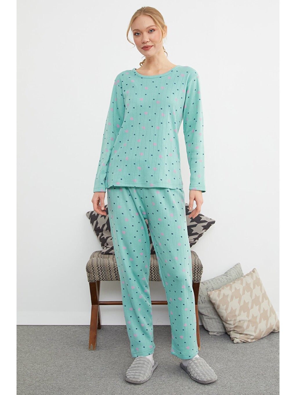 Yeşil Büyük Beden Yıldız Desenli Pijama Takımı-2