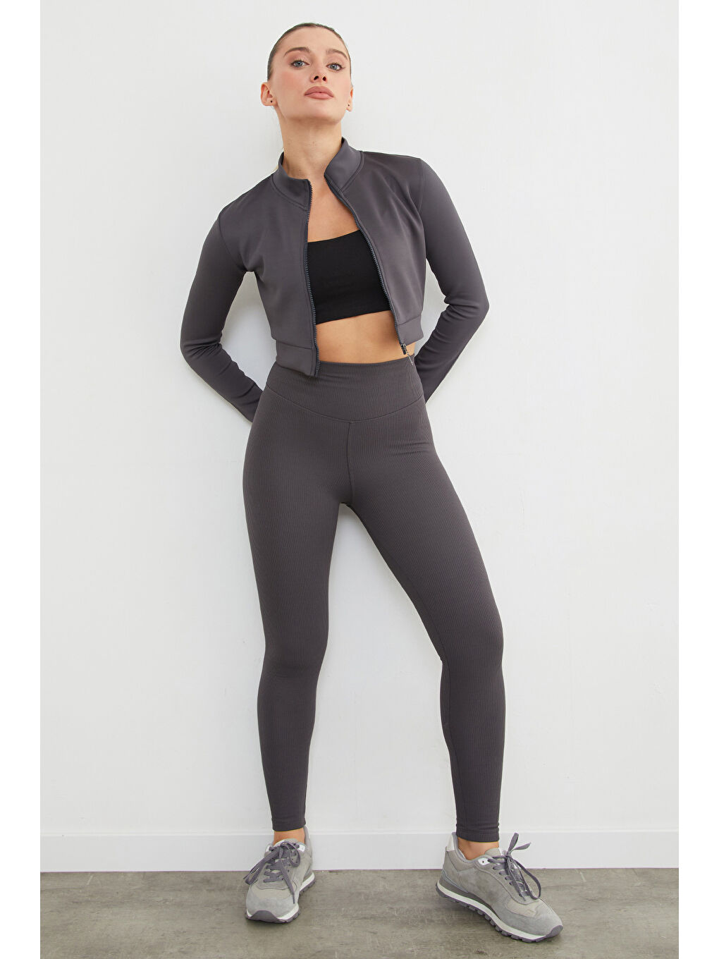 Antrasit Dik Yaka Fermuarlı Dalgıç Kumaş Spor Ceket-3