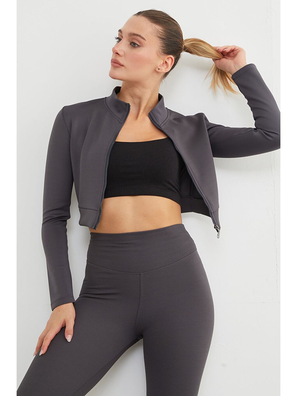 Antrasit Dik Yaka Fermuarlı Dalgıç Kumaş Spor Ceket-4