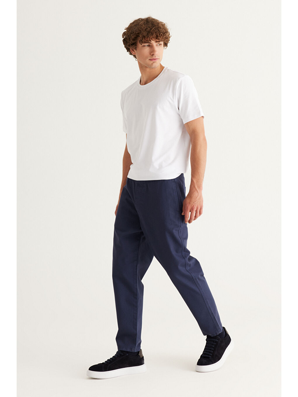 Erkek Lacivert Slim Fit Dar Kesim Beli Bağlamalı %100 Pamuk Pantolon-1