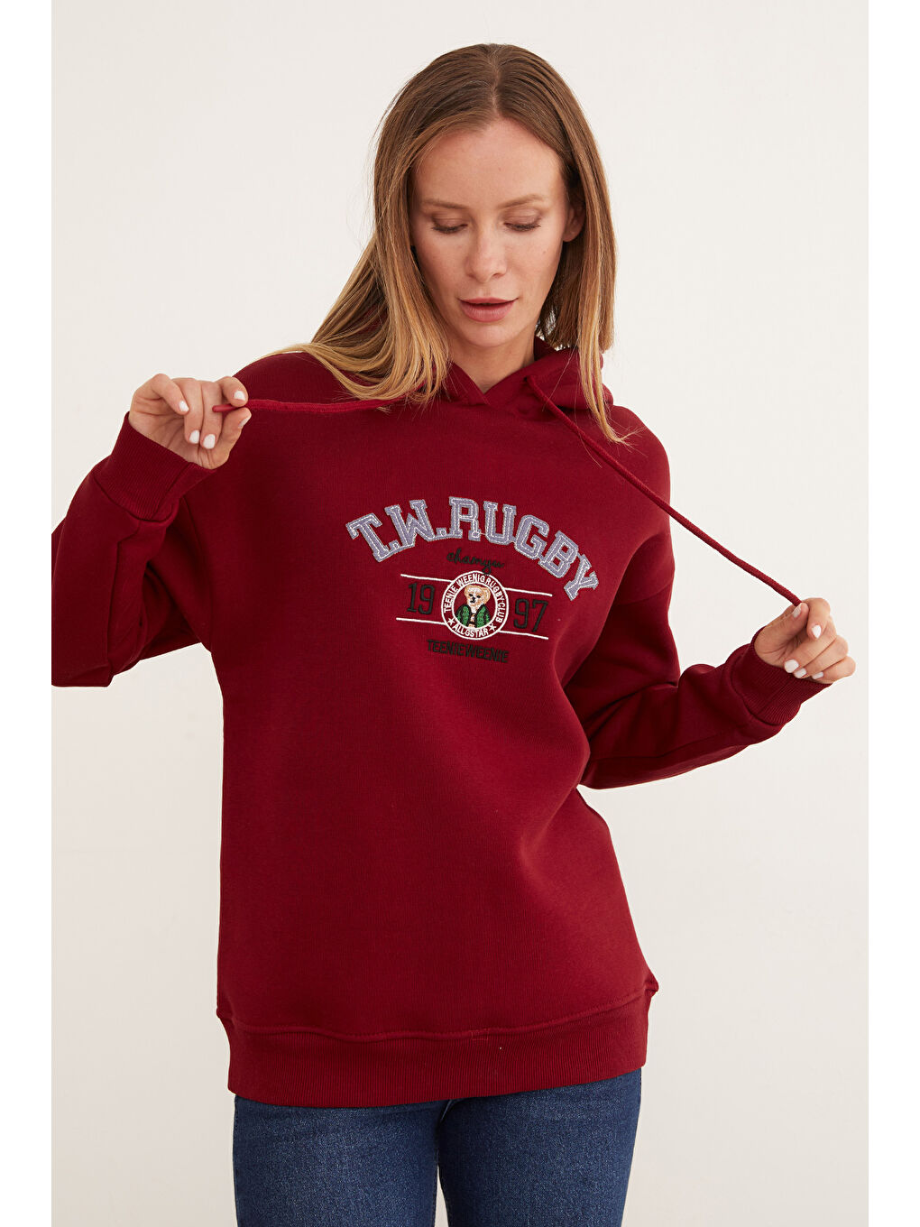 Bordo 3 İplik Rugby Nakışlı Kapüşonlu Sweatshirt-1