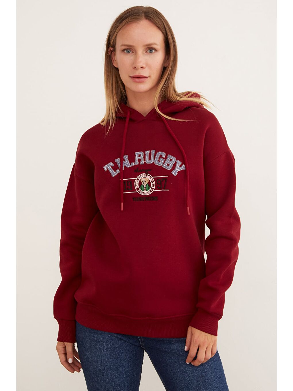 Bordo 3 İplik Rugby Nakışlı Kapüşonlu Sweatshirt-2