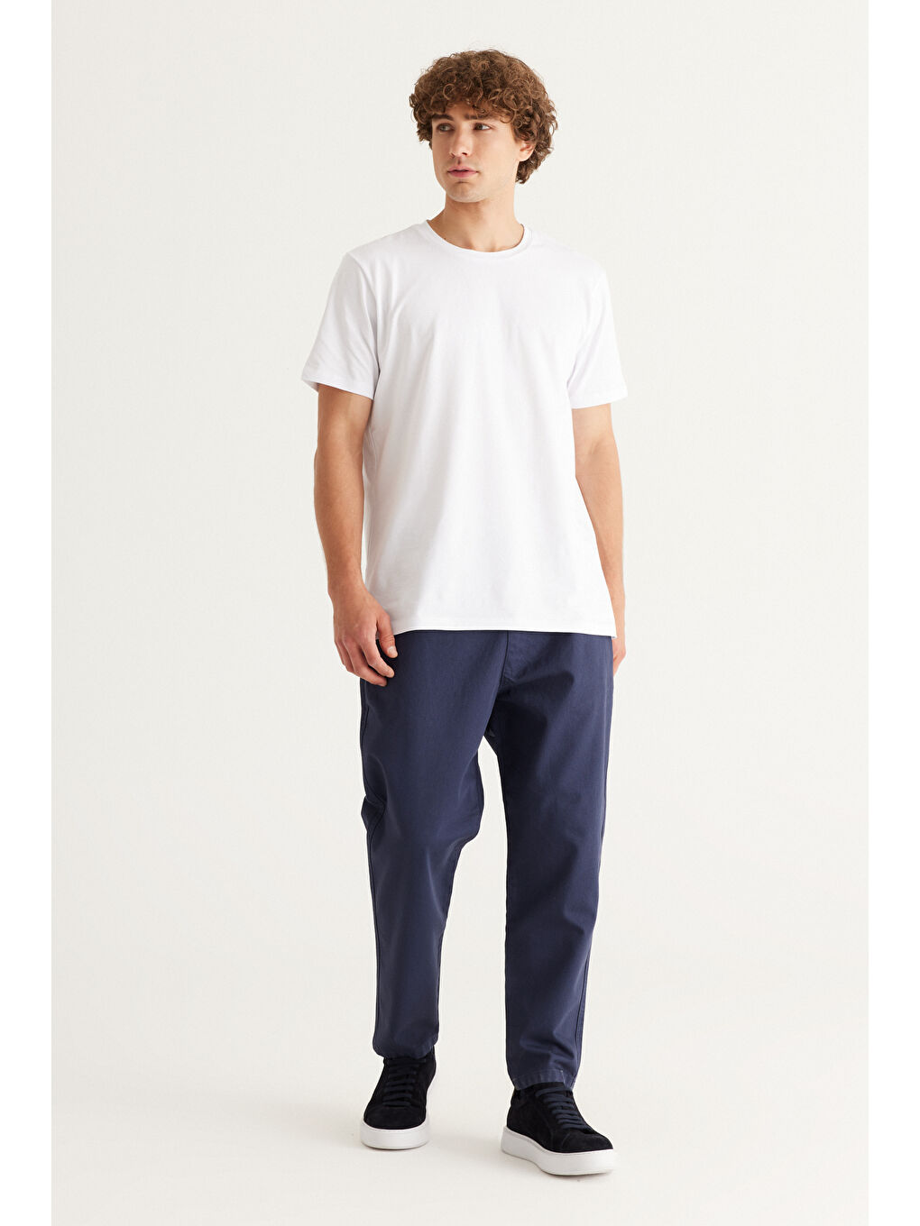 Erkek Lacivert Slim Fit Dar Kesim Beli Bağlamalı %100 Pamuk Pantolon-2