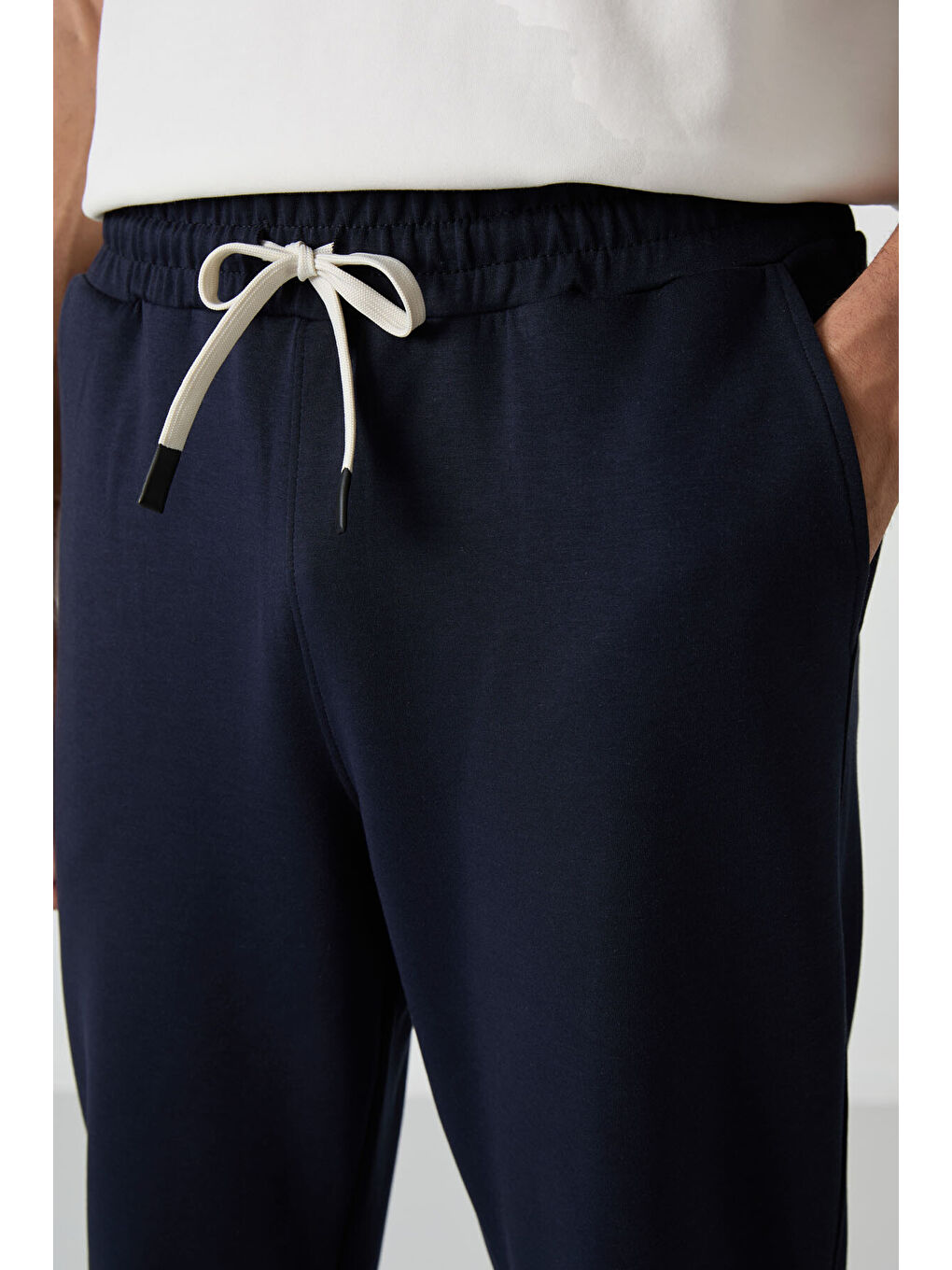 Ekru - Lacivert Pamuklu Kalın Yumuşak Dokulu  Fit Basic Erkek Eşofman Takım - 85251-2