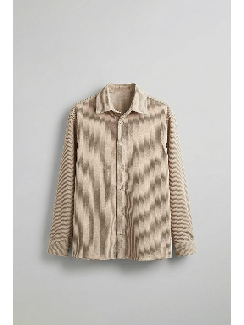 Bej Erkek Oversize Kadife Dokulu Uzun Kollu Gömlek Taş Rengi