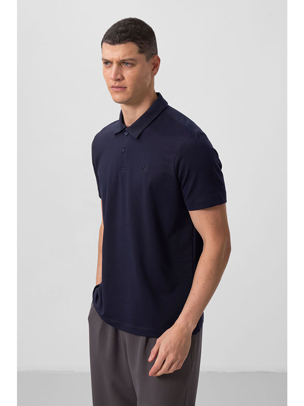 Lacivert Basic Göğüs Logolu Standart Kalıp Triko Polo Yaka Erkek Tişört - 87768-4