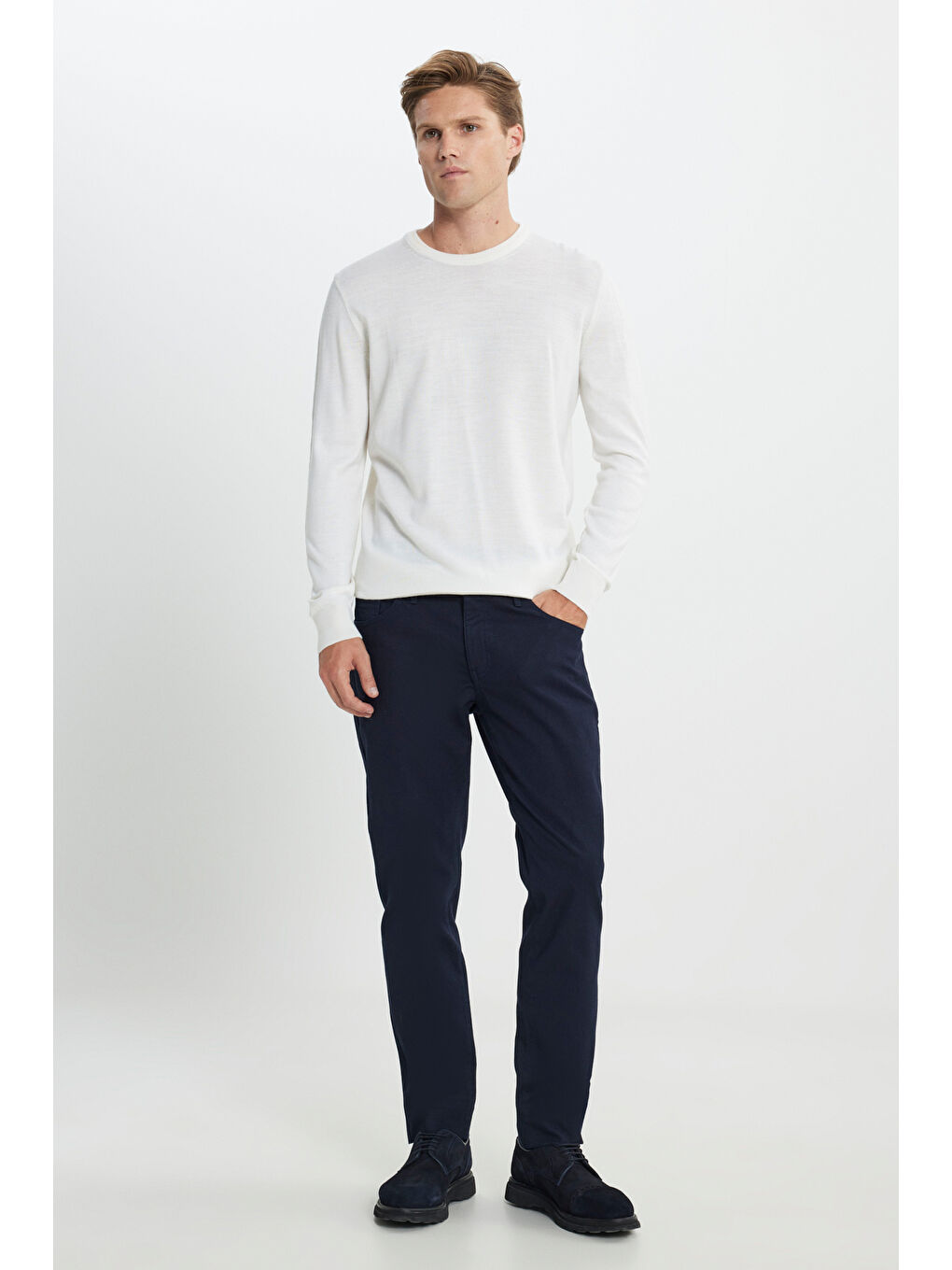 Erkek Lacivert Slim Fit Dar Kesim Pamuklu Esnek Armürlü 5 Cep Pantolon