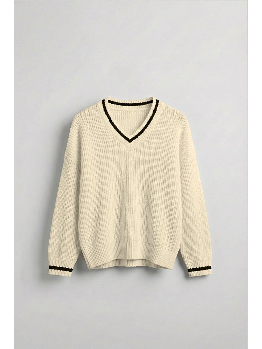 Erkek V Yaka Oversize Kontrast Detaylı Kazak Bej-1