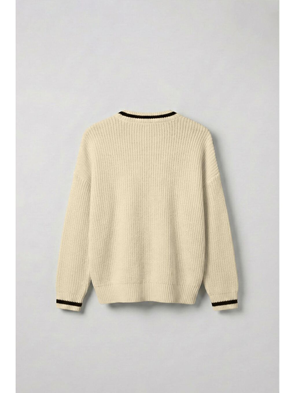 Erkek V Yaka Oversize Kontrast Detaylı Kazak Bej-6