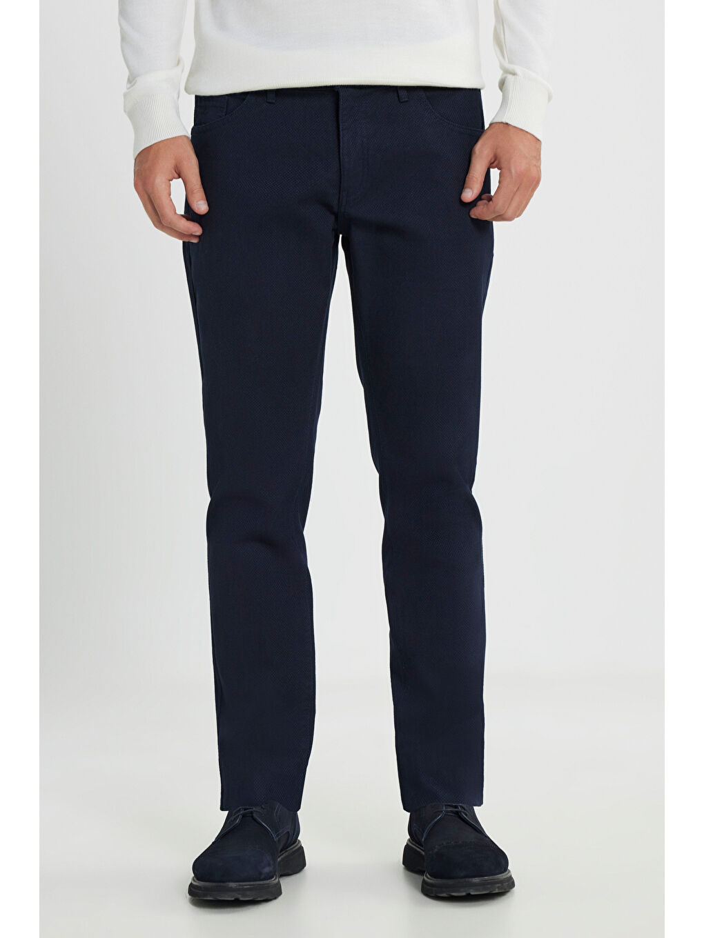 Erkek Lacivert Slim Fit Dar Kesim Pamuklu Esnek Armürlü 5 Cep Pantolon-1