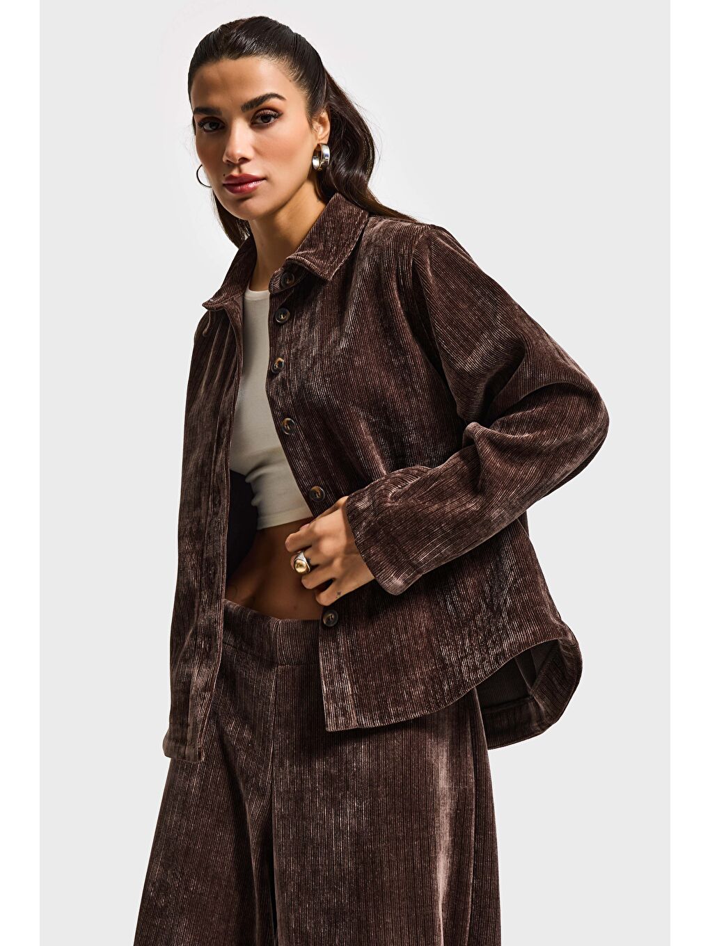 Kadın Kahverengi w5-16 Oversize Velvet Kadife Kumaş Ceket