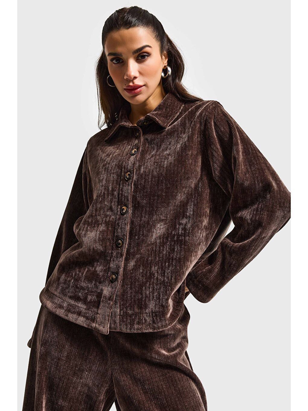 Kadın Kahverengi w5-16 Oversize Velvet Kadife Kumaş Ceket-2