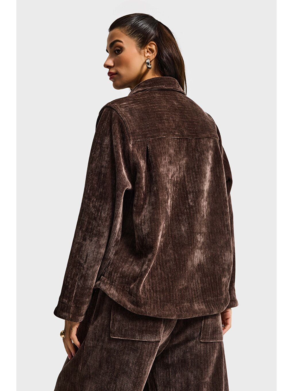 Kadın Kahverengi w5-16 Oversize Velvet Kadife Kumaş Ceket-3