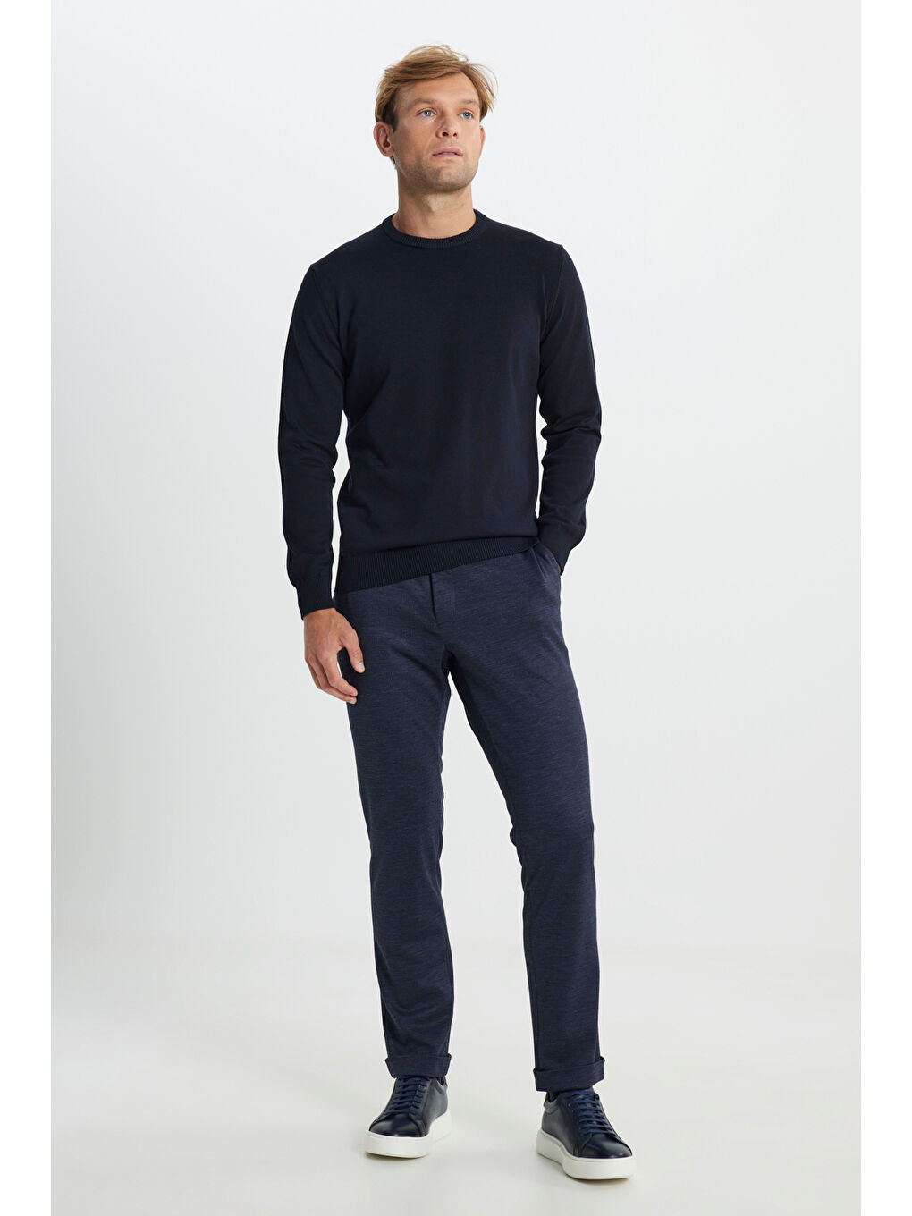 Erkek Lacivert Yünlü Slim Fit Dar Kesim Desenli Yan Cep Pantolon-2