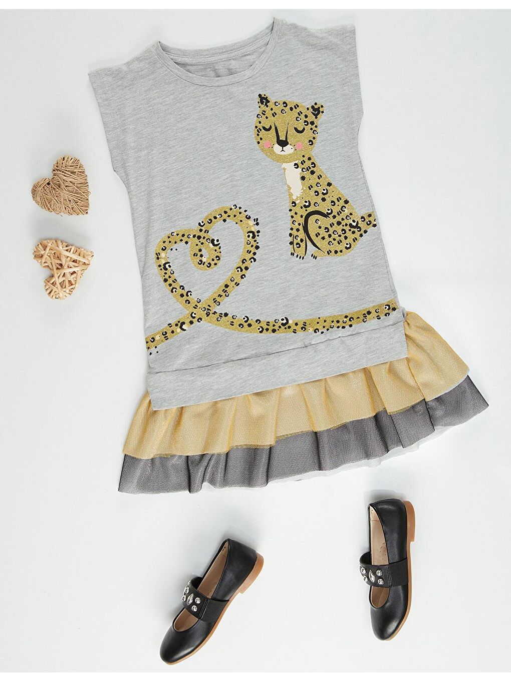 Denokids Gri Mini Leopar Kız Elbise - 2