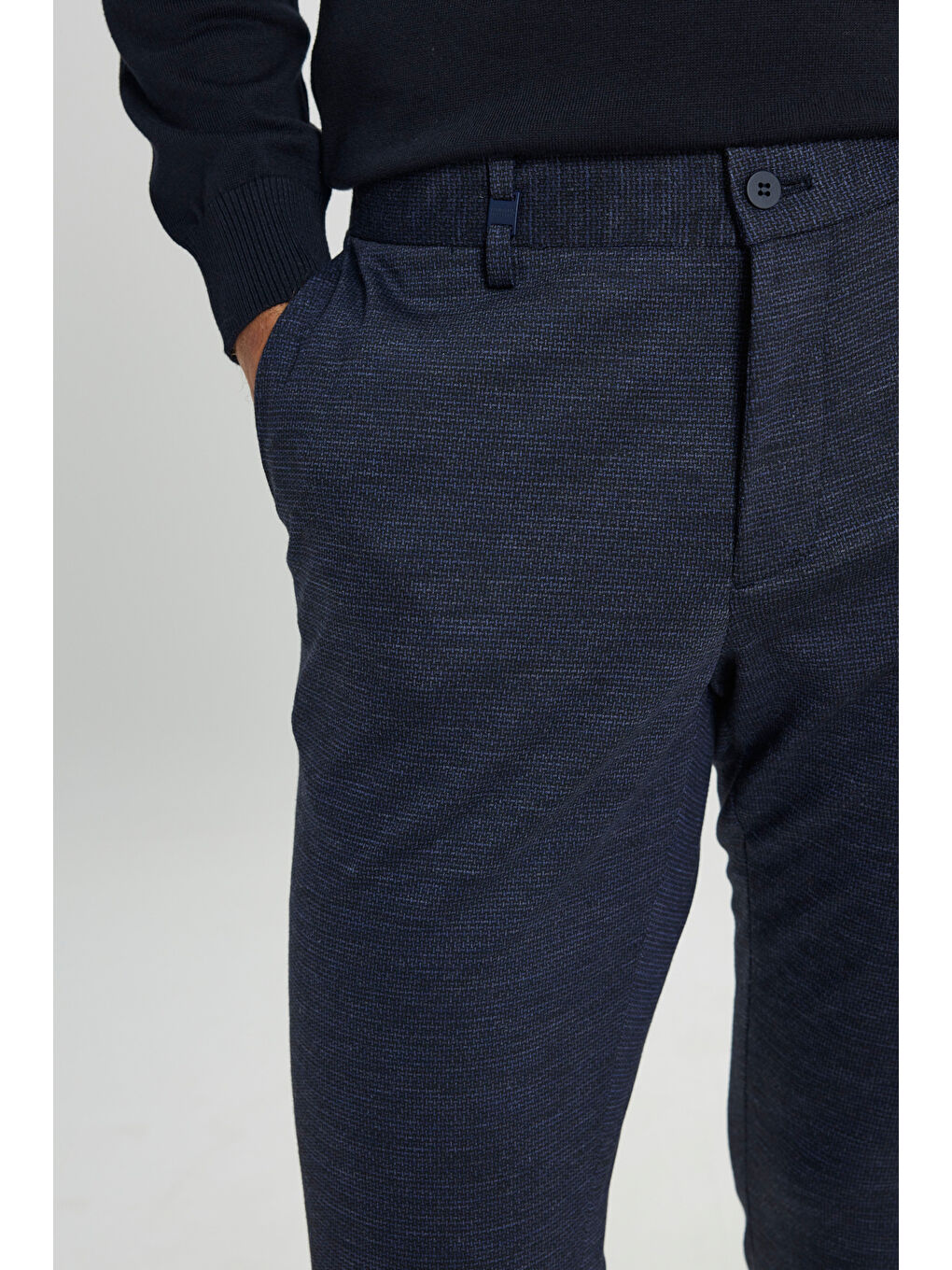 Erkek Lacivert Yünlü Slim Fit Dar Kesim Desenli Yan Cep Pantolon-4