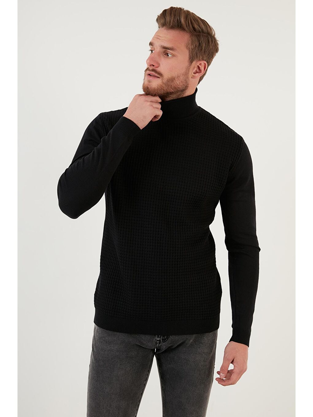 Siyah Regular Fit Balıkçı Yaka Pamuklu Triko Kazak 6353462-1