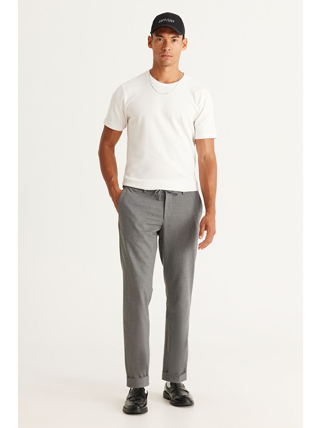 Erkek Gri Slim Fit Dar Kesim Beli Bağlamalı Desenli Esnek Pantolon