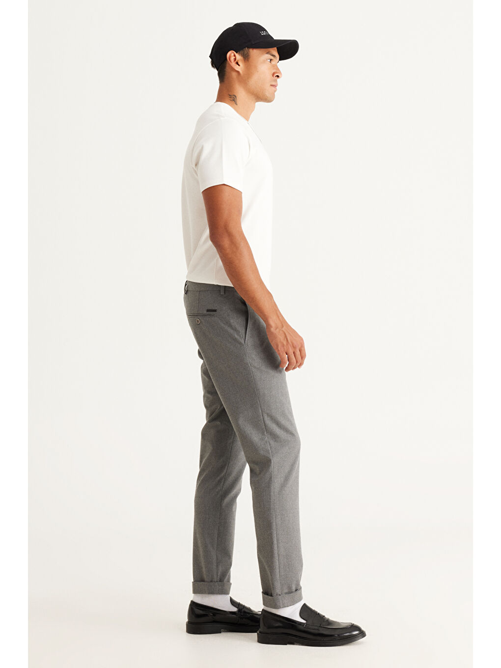 Erkek Gri Slim Fit Dar Kesim Beli Bağlamalı Desenli Esnek Pantolon-1