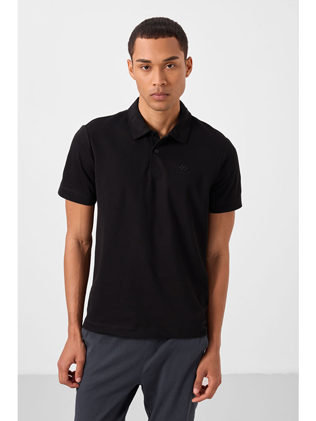 Siyah Basic Logolu Standart Kalıp Triko Polo Yaka Erkek Tişört - 87748-1