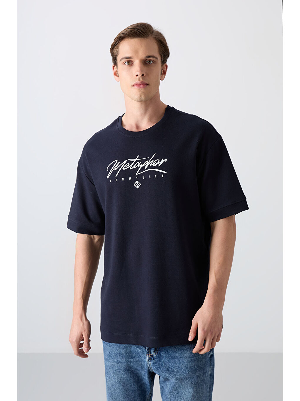 Lacivert Pamuklu Kalın Yumuşak Dokulu Oversize Fit Baskılı Erkek Tişört - 88320