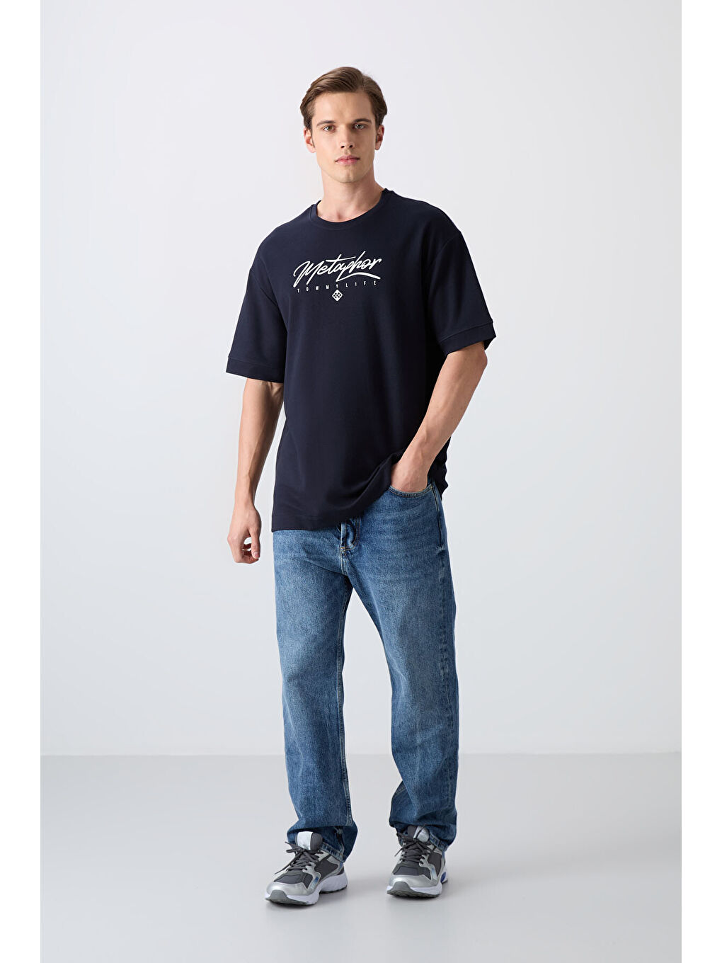 Lacivert Pamuklu Kalın Yumuşak Dokulu Oversize Fit Baskılı Erkek Tişört - 88320-1