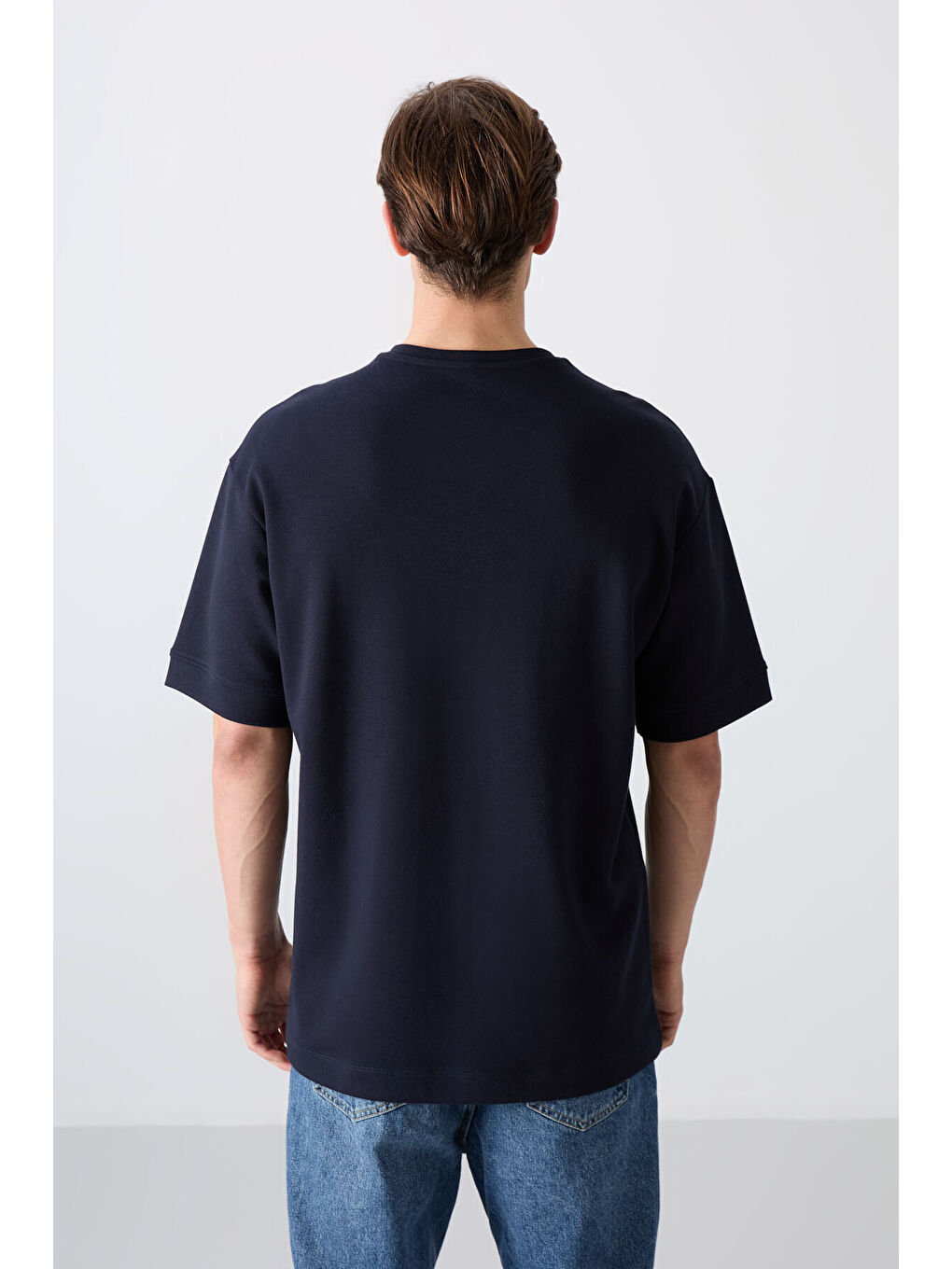 Lacivert Pamuklu Kalın Yumuşak Dokulu Oversize Fit Baskılı Erkek Tişört - 88320-4