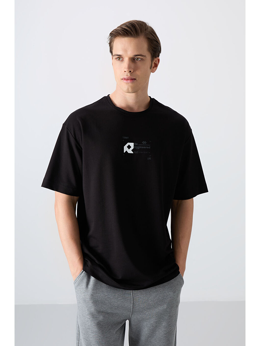 Siyah Pamuklu Kalın Yumuşak Dokulu Oversize Fit Baskılı Erkek Tişört - 88350