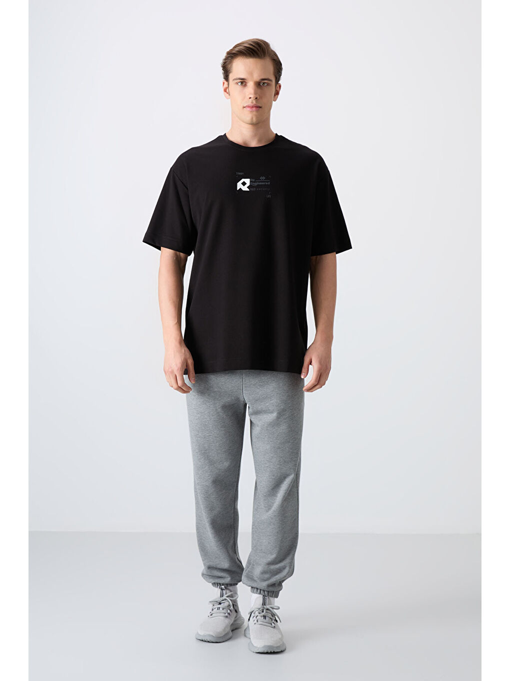 Siyah Pamuklu Kalın Yumuşak Dokulu Oversize Fit Baskılı Erkek Tişört - 88350-1