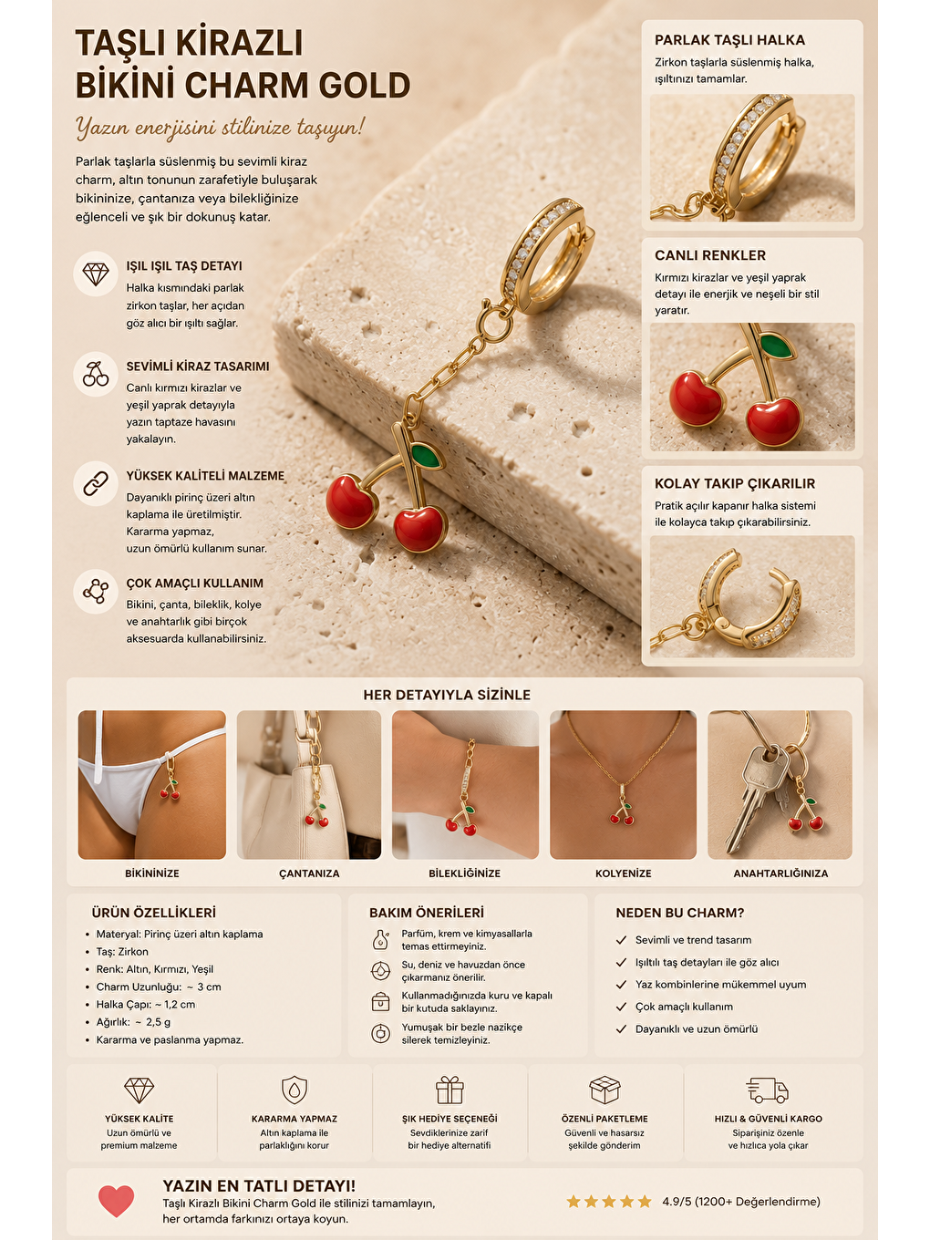 Sarı Taşlı Kirazlı Bikini Charm Gold-1